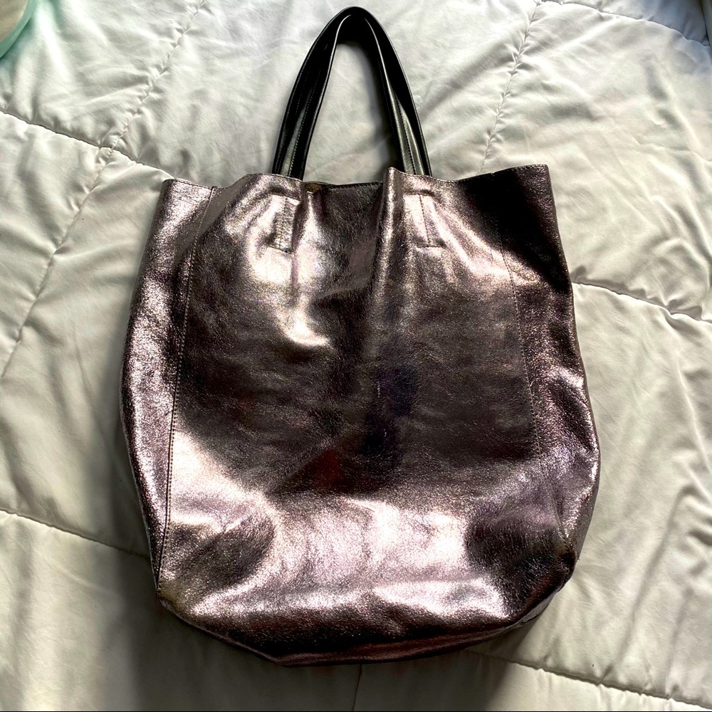 Genuine leather suede interior purple chrome tote